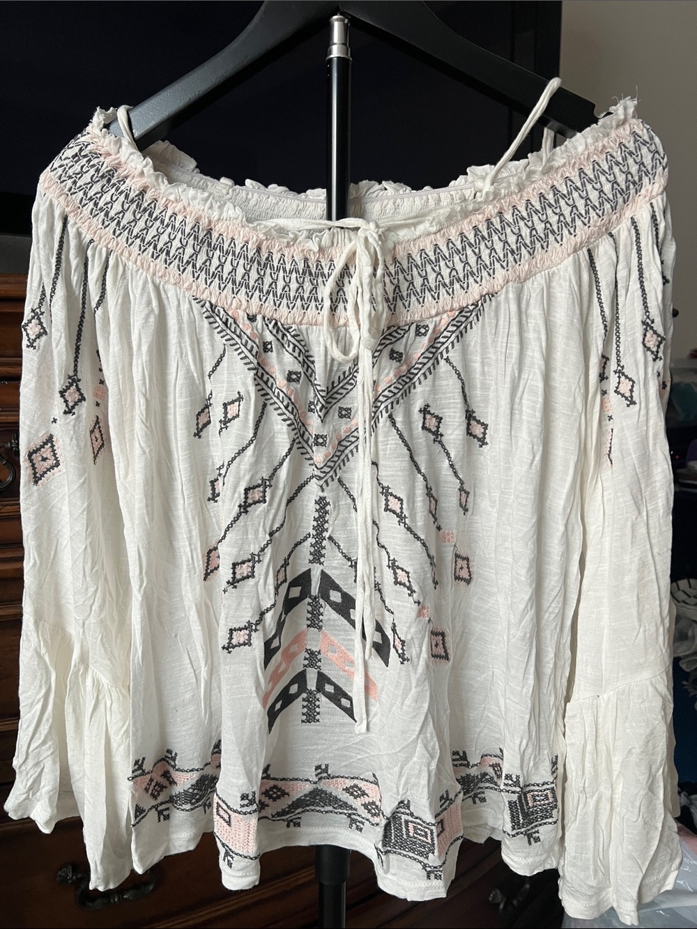 Vintage Havana White Off-Shoulder Embroidered Tunic with Blush Accents